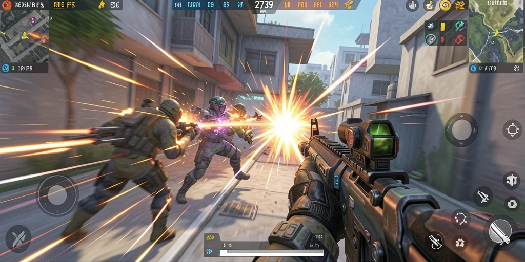 Screenshot pertarungan intens dalam game FPS 2739.