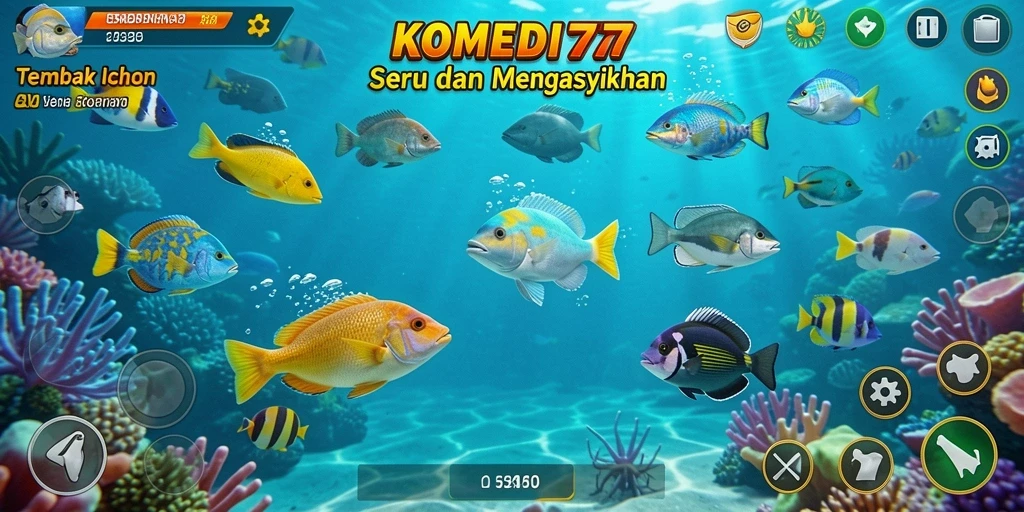 Gameplay seru di KOMEDI77 menembak ikan berwarna-warni.