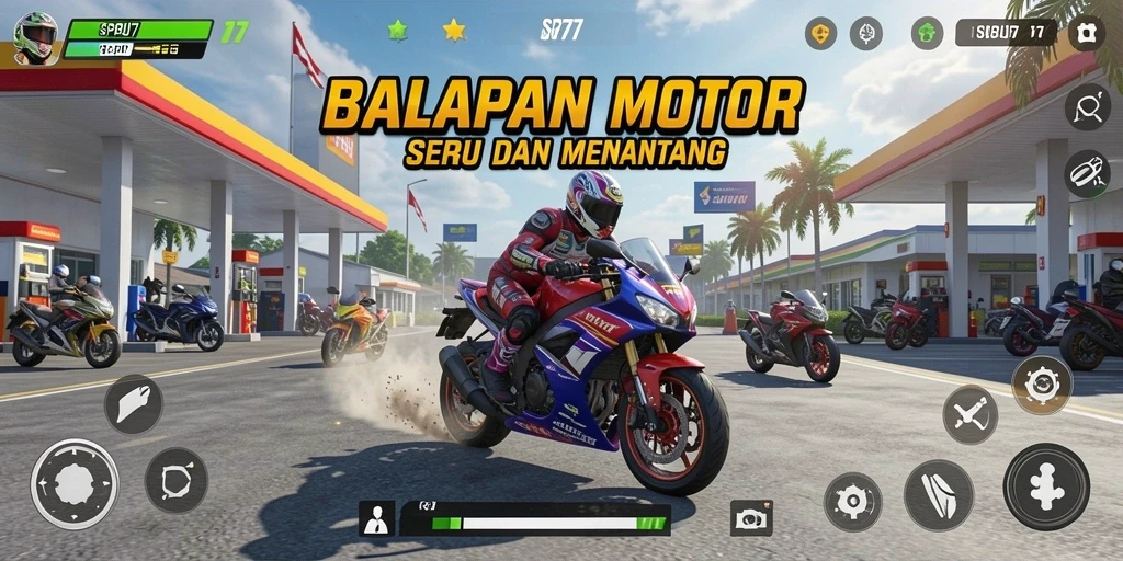 Screenshot utama SPBU77 menampilkan balapan seru di trek yang menantang.